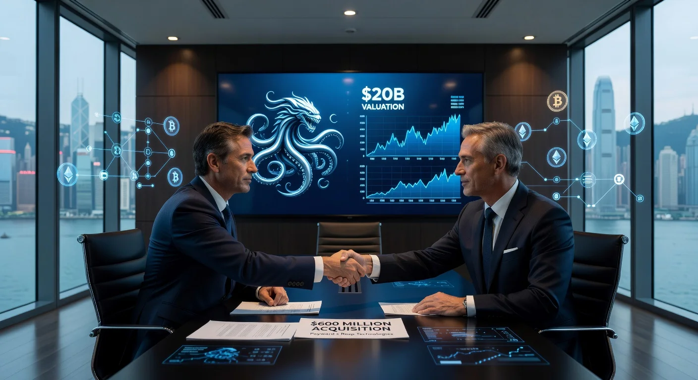 Illustration of Payward acquiring Reap Technologies in a Hong Kong boardroom with executives shaking hands and crypto deal details displayed.