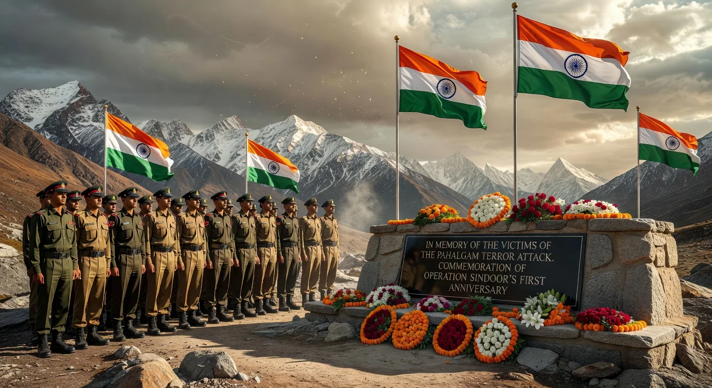 Indian soldiers commemorating the first anniversary of Operation Sindoor at a memorial in Pahalgam, Kashmir.