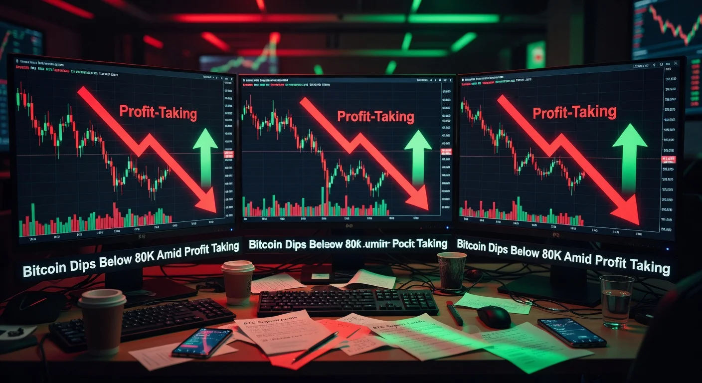 Bitcoin price chart dipping below $80,000 with profit-taking indicators on a trading desk.