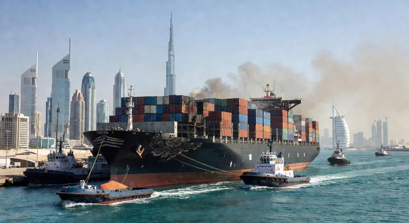 The damaged container ship HMM Namu arrives at the Port of Dubai after a fire incident in the Strait of Hormuz.