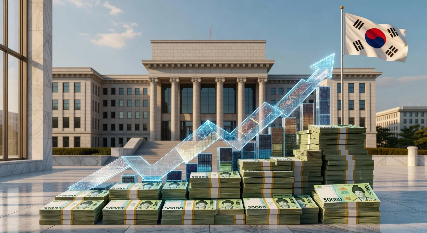 Photorealistic illustration of South Korea's record current account surplus, showing banknotes, semiconductor chips, and national landmarks.