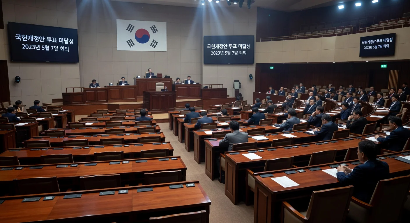 South Korean parliament chamber with empty opposition seats and frustrated ruling party members after failed constitutional amendment vote.