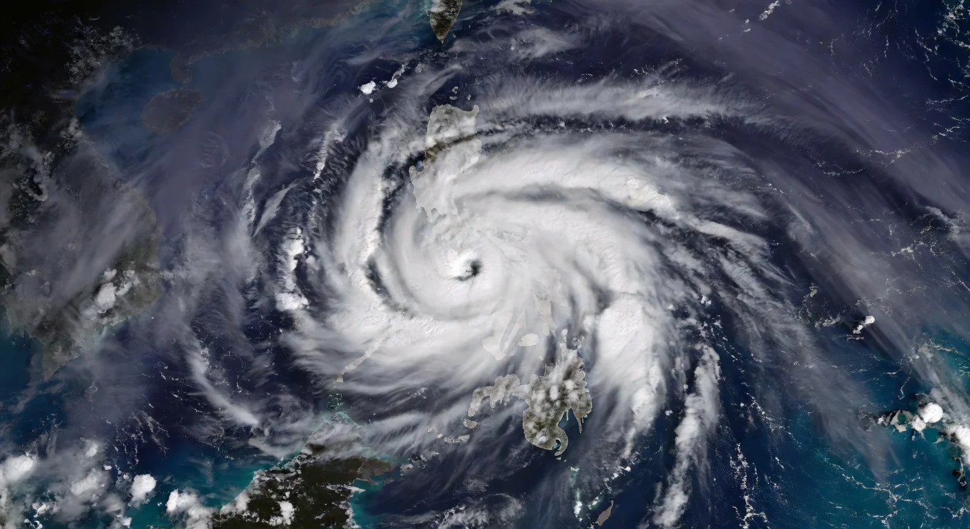 Satellite view of Tropical Storm Hagupit swirling over the Pacific east of the Philippines, with dense clouds and storm patterns.