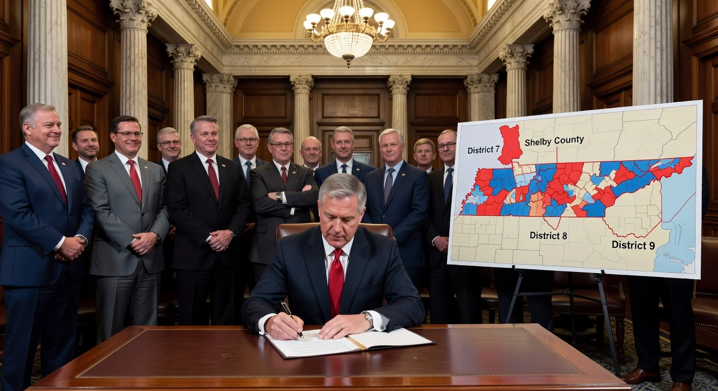 Illustration of Governor Bill Lee signing a new map bill in Tennessee to eliminate a Democratic congressional seat by splitting Shelby County.