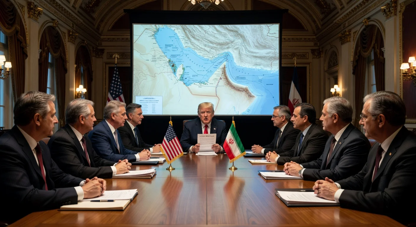 Illustration of President Trump presenting a 14-point Iran peace plan with Strait of Hormuz map in background