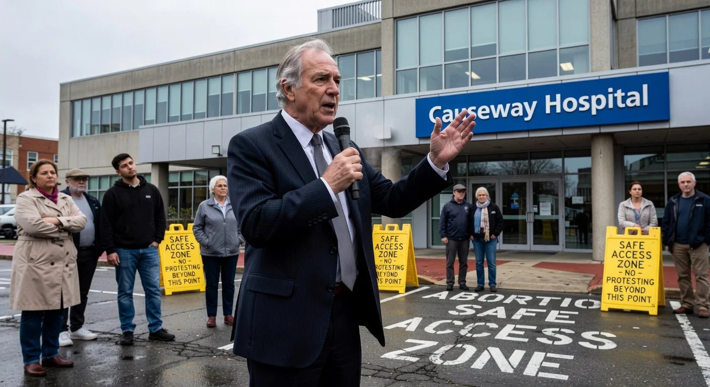 A pastor preaching outside a hospital in a safe access zone, illustrating the conviction of Clive Johnston for breaching abortion zone rules.