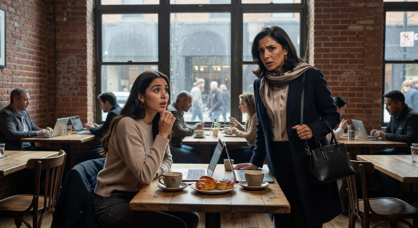 Illustration of Miss Israel 2025 and NYC mayor's wife in awkward cafe encounter in Williamsburg.