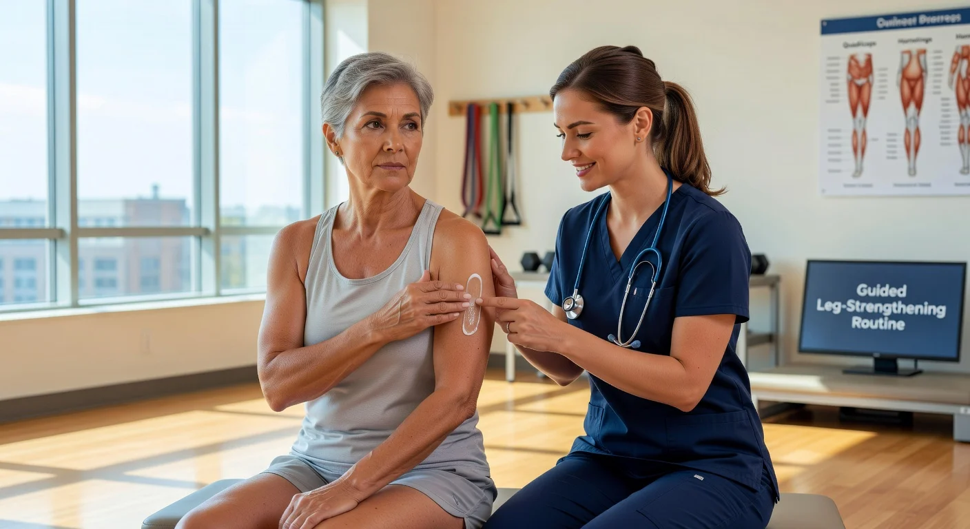 Elderly woman recovering from hip fracture applies testosterone gel and exercises with therapist in bright rehab setting.