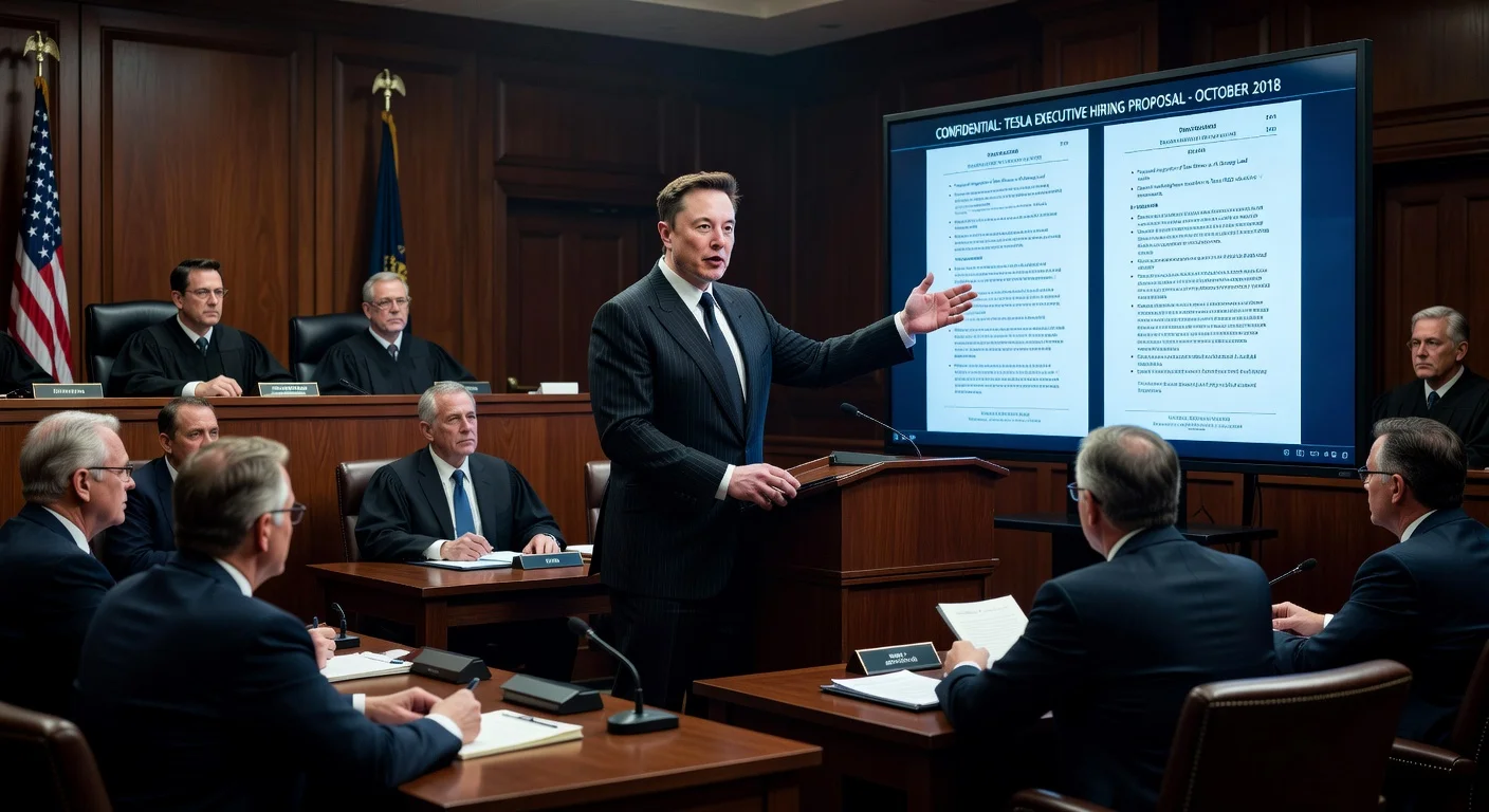 Illustration of Elon Musk in court presenting evidence about recruiting OpenAI founders in 2018 during his trial against Sam Altman.