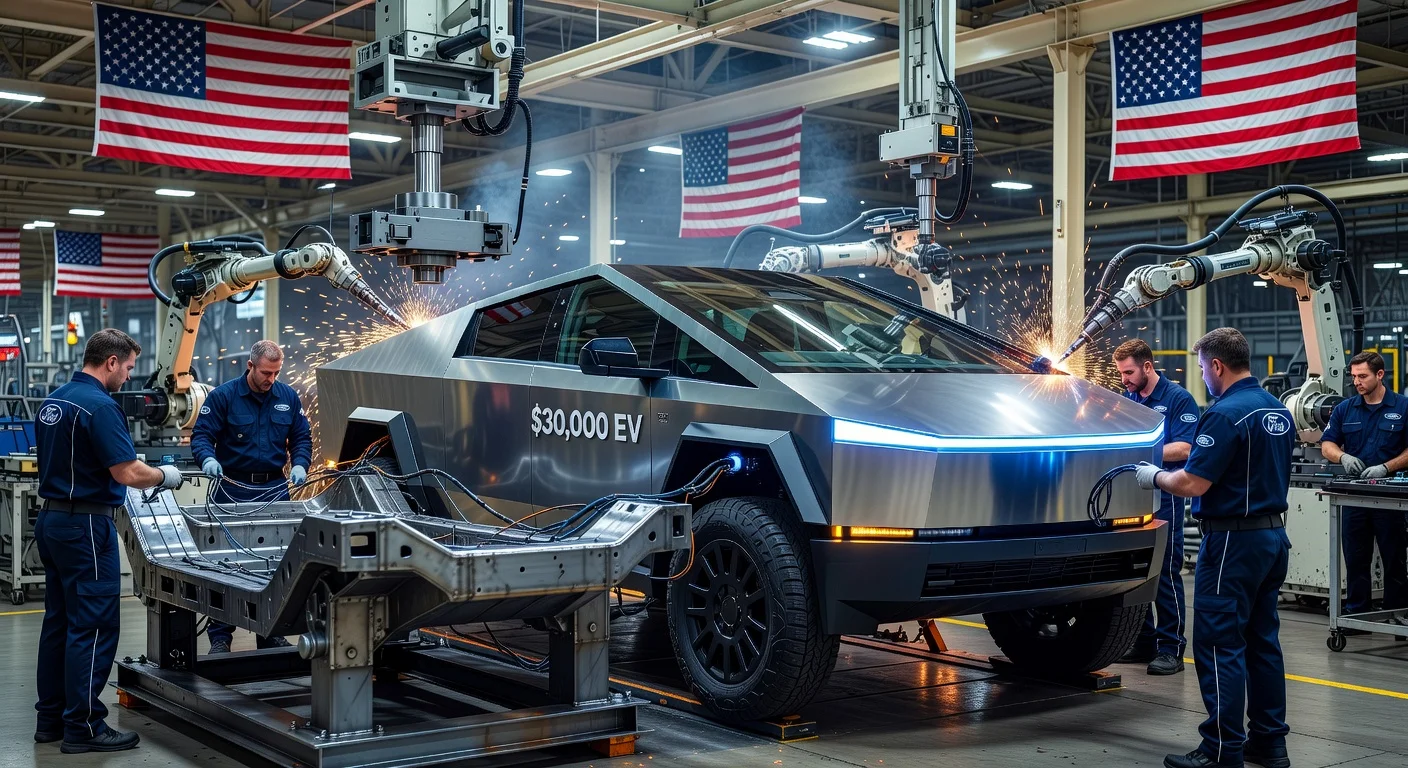Ford factory assembly line showcasing gigacasting and 48V tech for new 2027 $30K EV pickup truck.