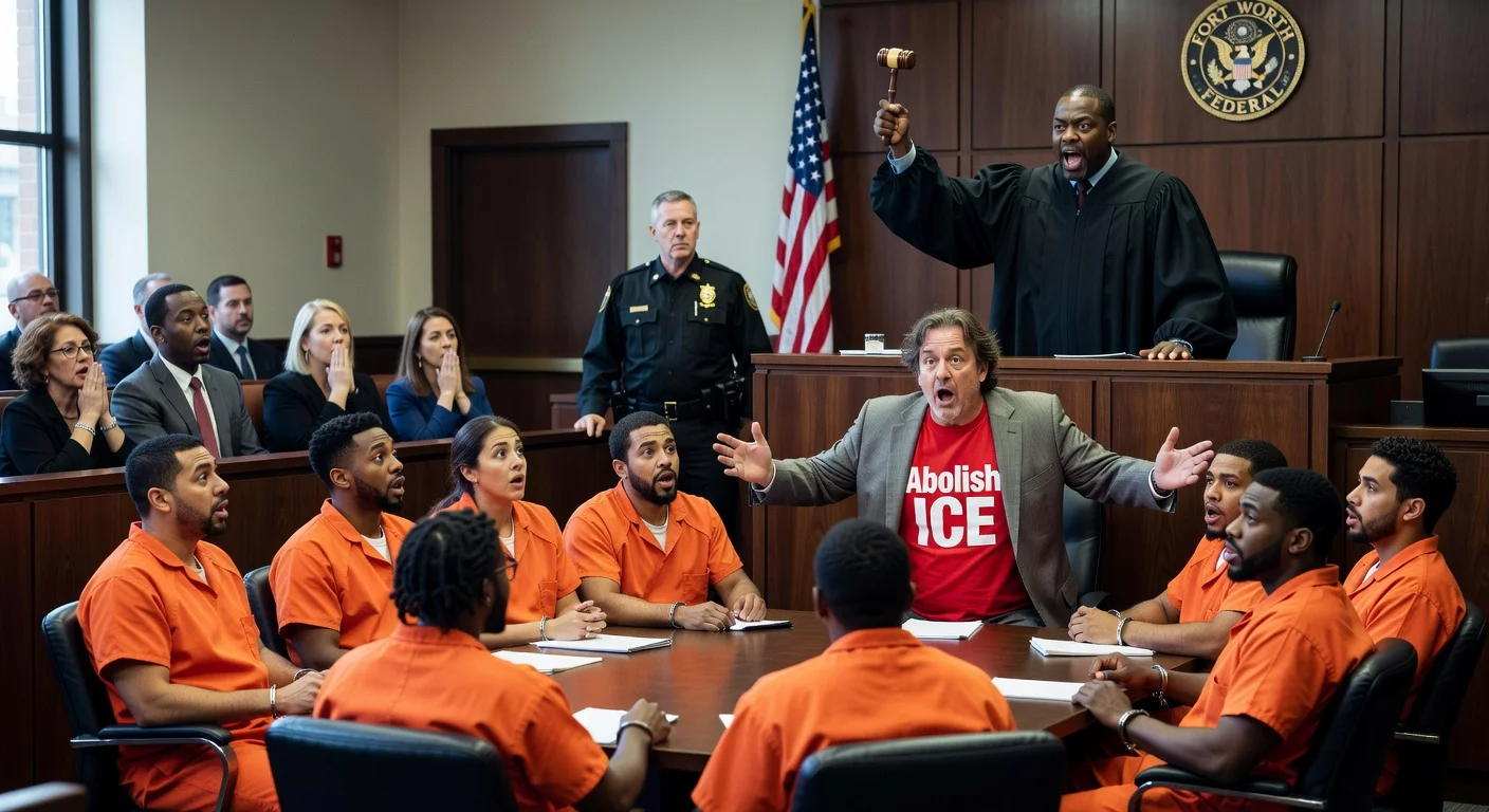 Courtroom illustration depicting a federal judge declaring mistrial over defense attorney's political clothing during jury selection in Prairieland ICE shooting case.
