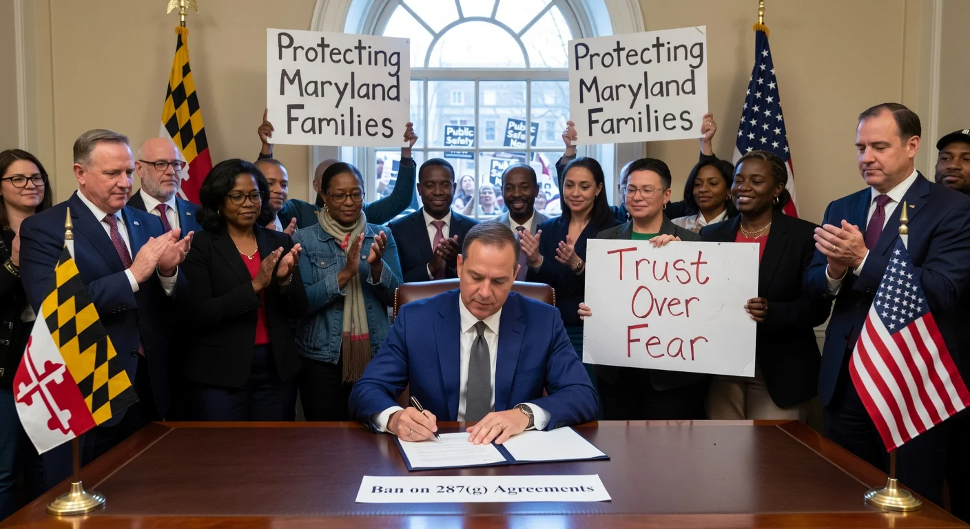 Maryland Gov. Wes Moore signs bill ending 287(g) immigration agreements, surrounded by supporters amid public safety debate.