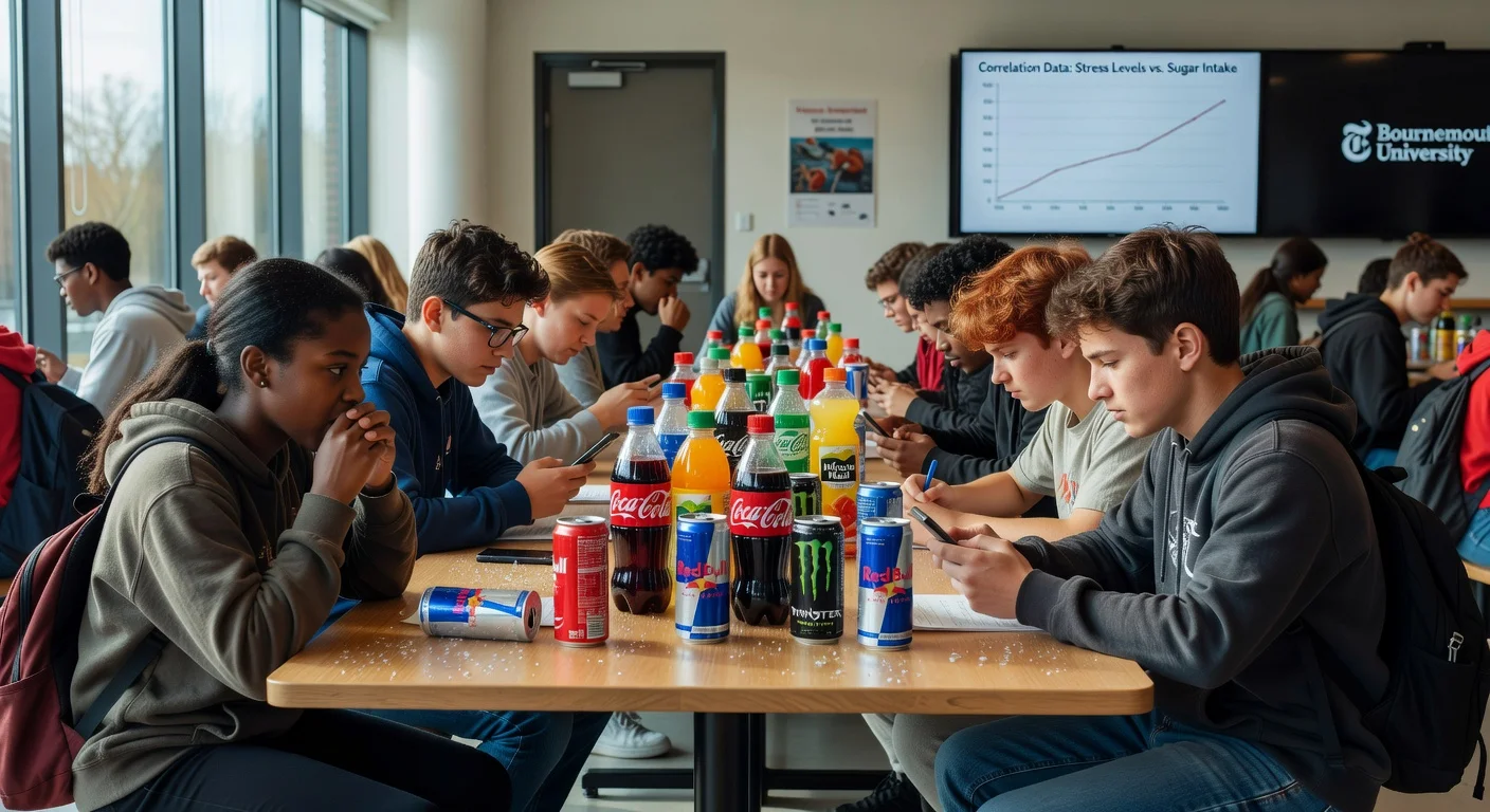 Stressed teenagers surrounded by sugary drinks in a cafeteria, illustrating research linking soda consumption to anxiety symptoms in adolescents.