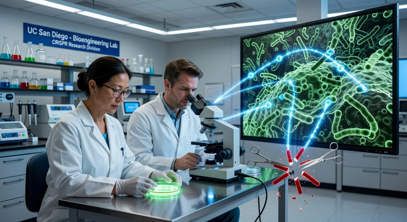 Illustration of UC San Diego researchers' CRISPR pPro-MobV system spreading through bacterial biofilms to disable antibiotic resistance genes in a lab setting.