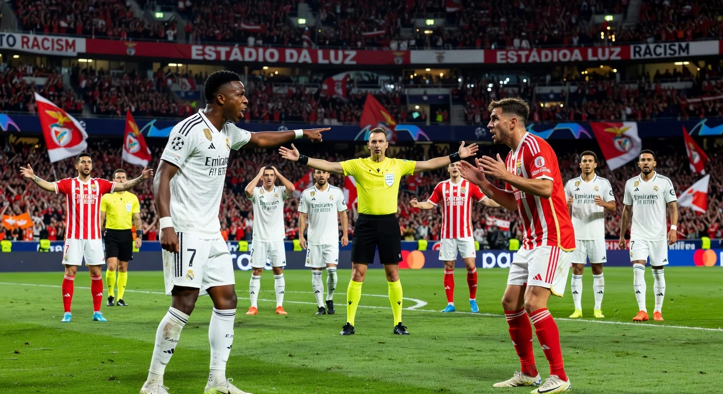 Dramatic illustration of the racism allegation incident during the Benfica-Real Madrid Champions League match, with Vinicius Jr. confronting the referee and Benfica player.