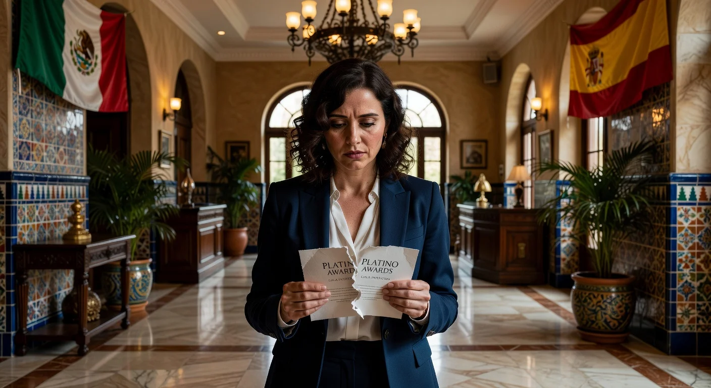 Isabel Díaz Ayuso looking disappointed in a Mexican hotel after her Platino Awards invitation withdrawal