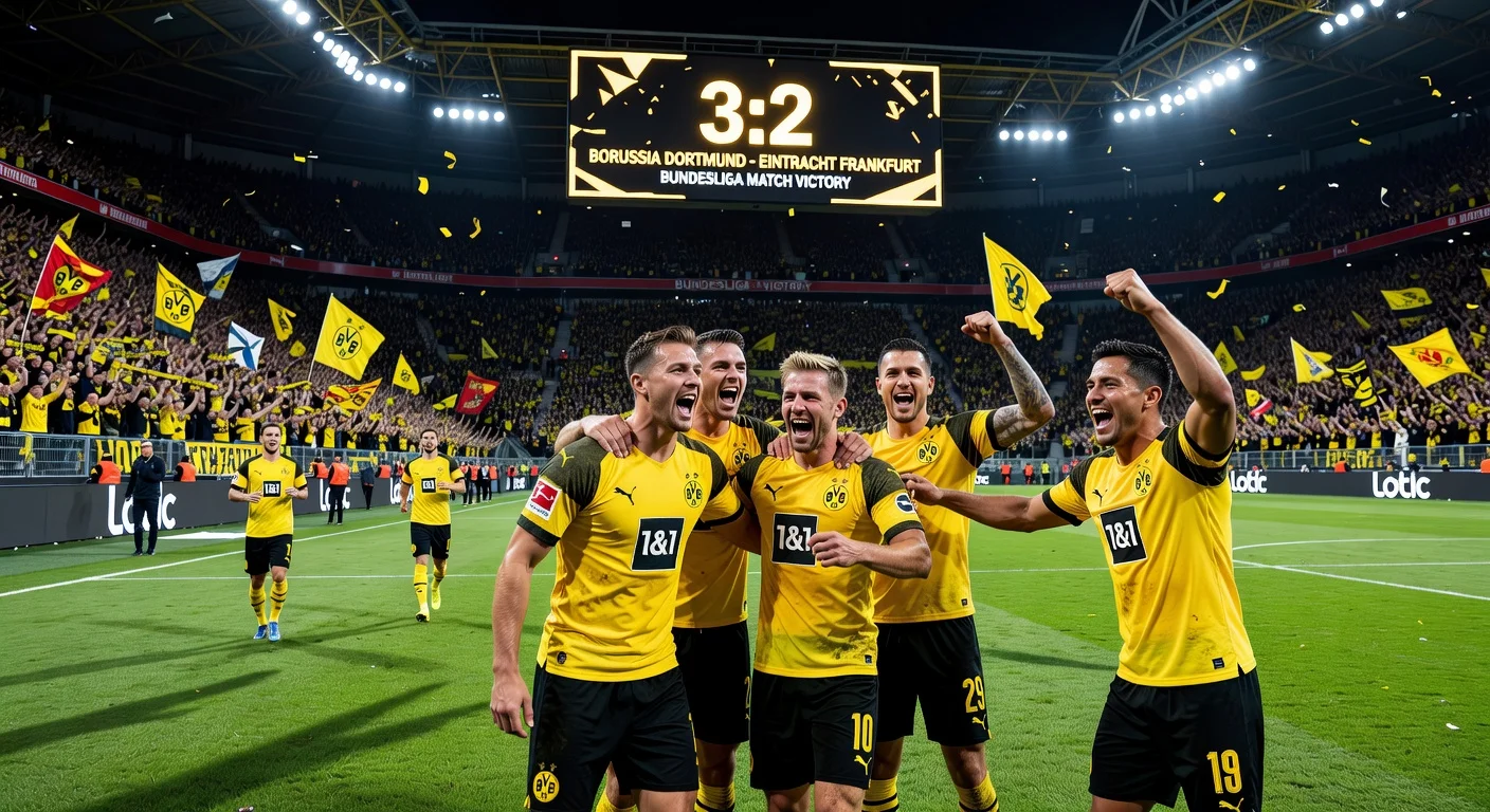 Dortmund players celebrating their 3-2 victory over Frankfurt to secure second place in the Bundesliga.