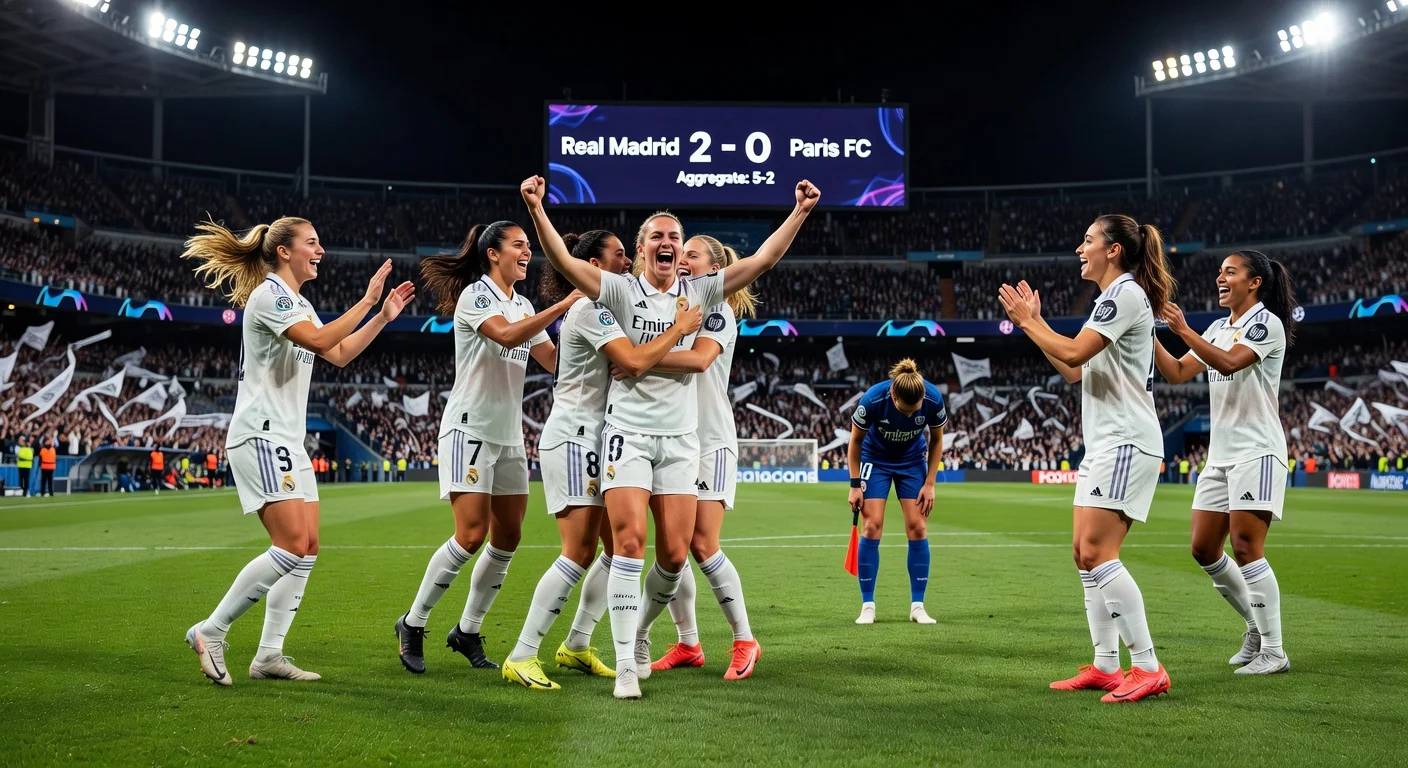 Real Madrid women celebrate 2-0 win over Paris FC, advancing to Champions League quarterfinals at Estadio Alfredo Di Stéfano.