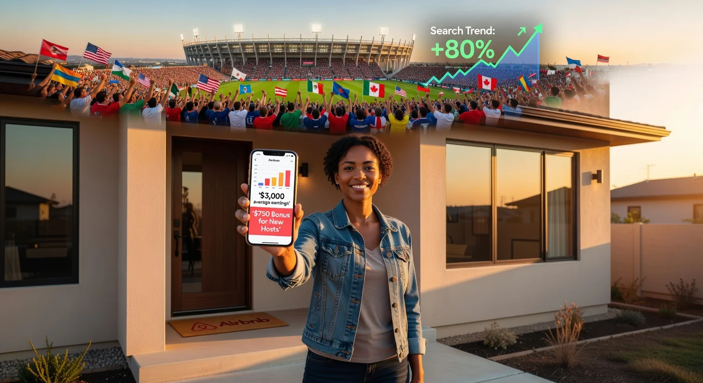 Illustration of Airbnb homeowner receiving $750 incentive for hosting during 2026 World Cup in host cities.