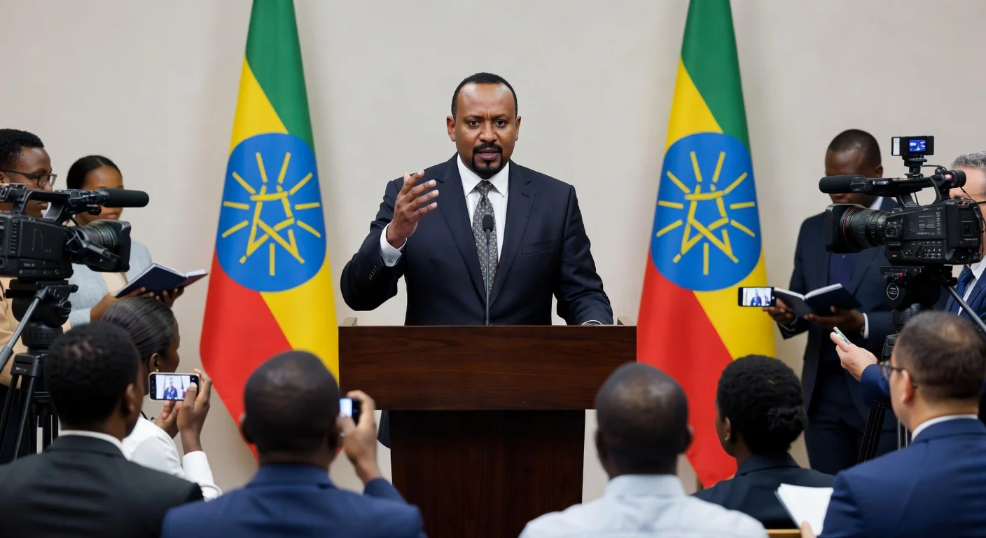 Prime Minister Abiy Ahmed addressing journalists at a press conference on national unity.