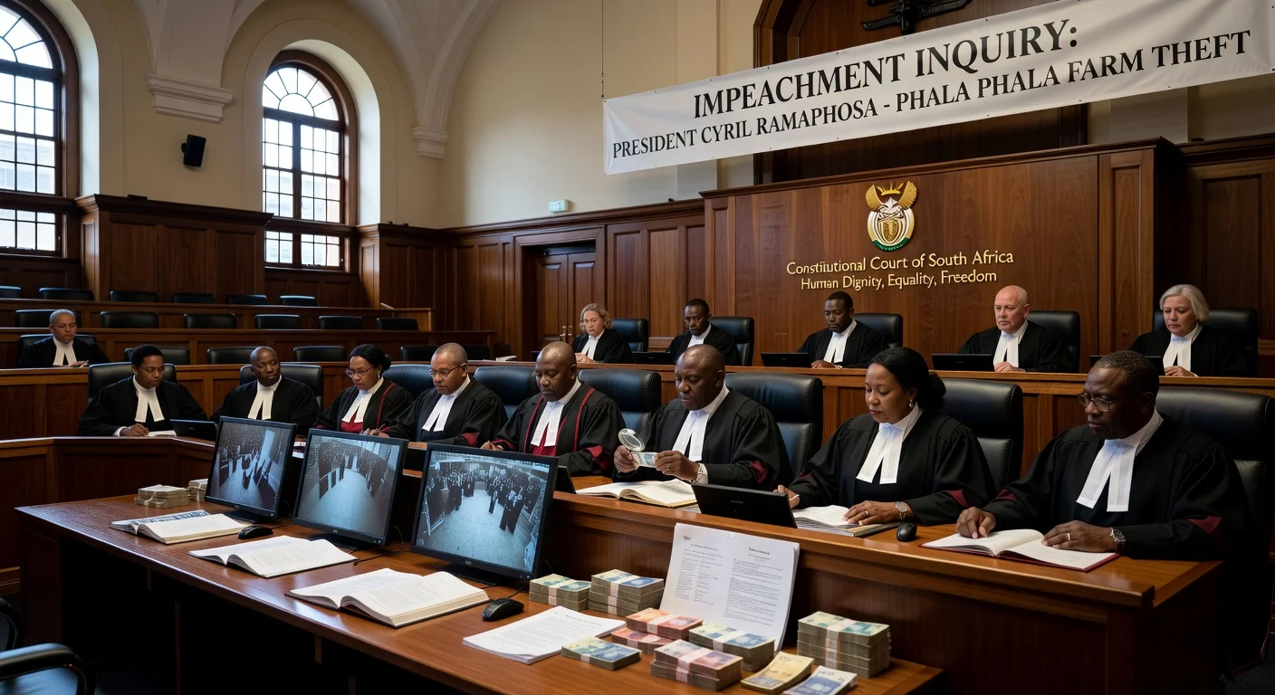 Illustration of the Constitutional Court ordering an impeachment inquiry into President Ramaphosa over the Phala Phala scandal.