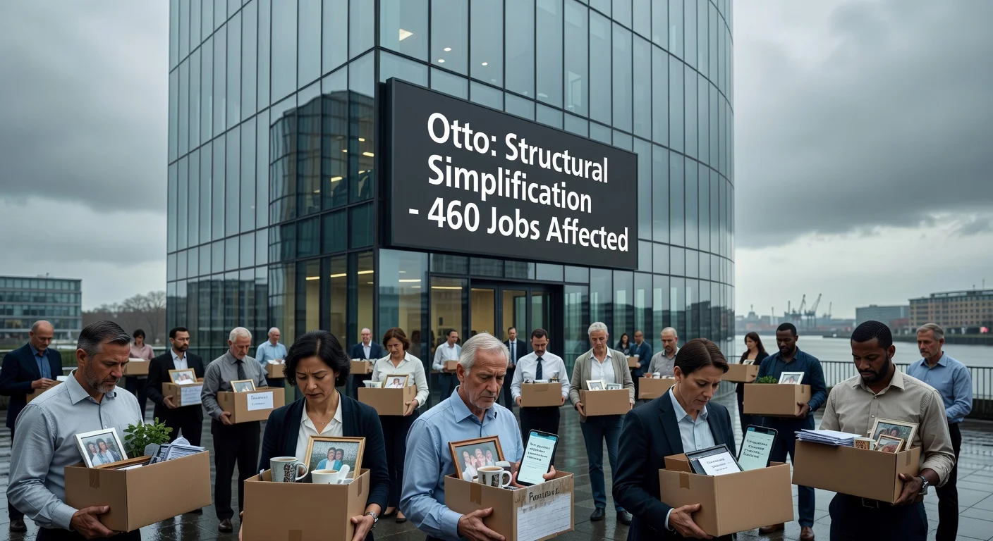 Somber scene of Otto employees outside Hamburg headquarters holding boxes amid job cuts announcement.
