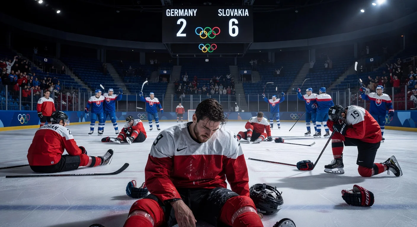 German ice hockey team, led by Leon Draisaitl, dejected after 2-6 Olympic quarterfinal loss to Slovakia.