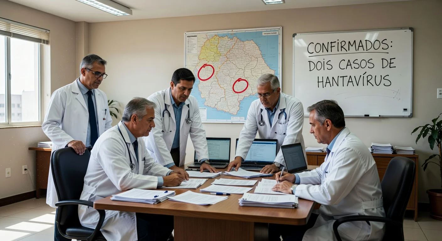 Health officials in Paraná, Brazil reviewing documents related to hantavirus cases in a medical setting.