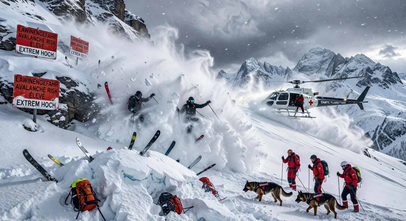 Dramatic photorealistic depiction of a deadly avalanche in the Austrian Alps burying skiers, with rescue efforts underway.