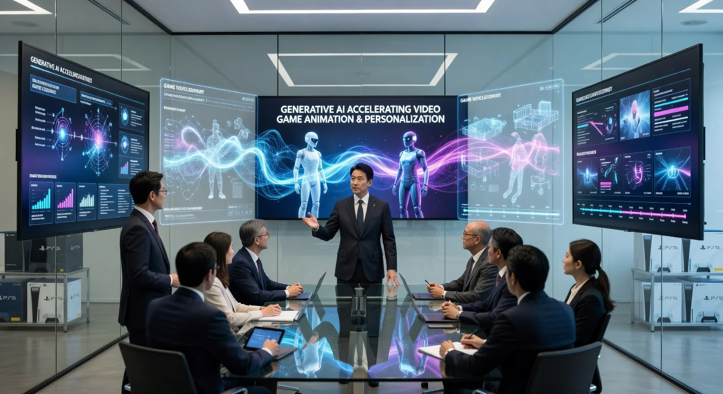 PlayStation CEO presenting AI tools for game development during earnings call, with visuals of animation and PS5 challenges.