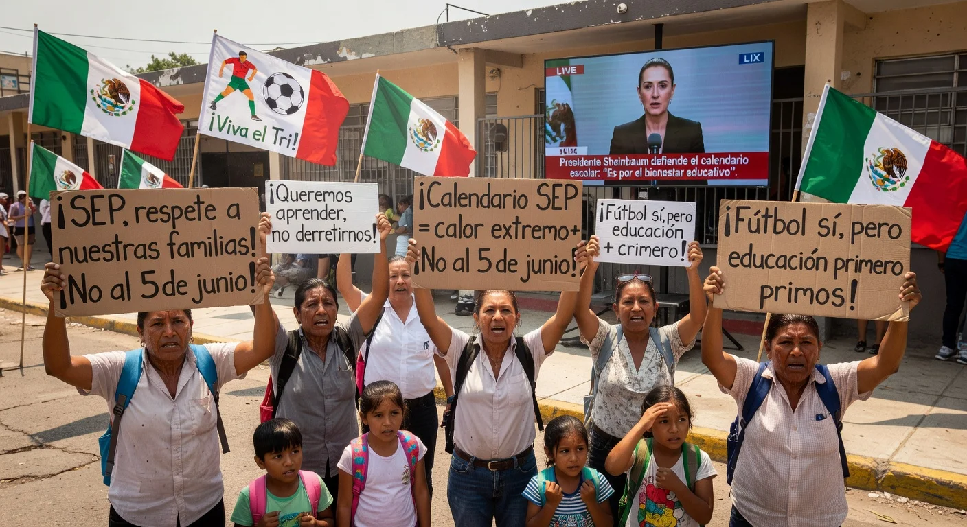 Parents and unions protesting the early school year end on June 5 amid heat and World Cup, with President Sheinbaum defending the move on a screen.