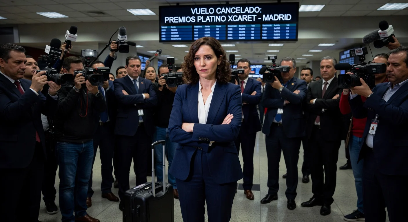 Isabel Díaz Ayuso announcing cancellation of Mexico trip at airport due to boycott