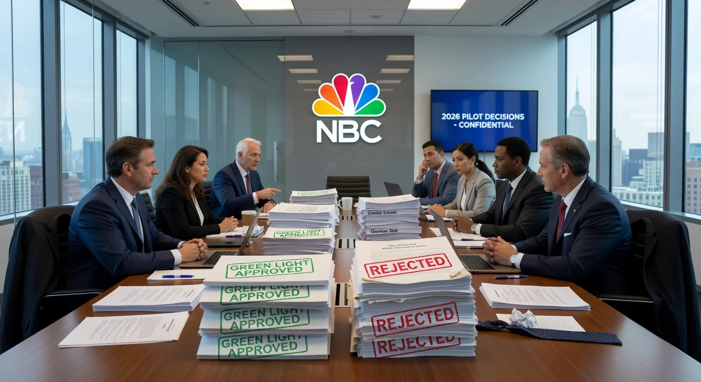 NBC executives reviewing television pilots with some approved and others rejected in a professional boardroom setting.