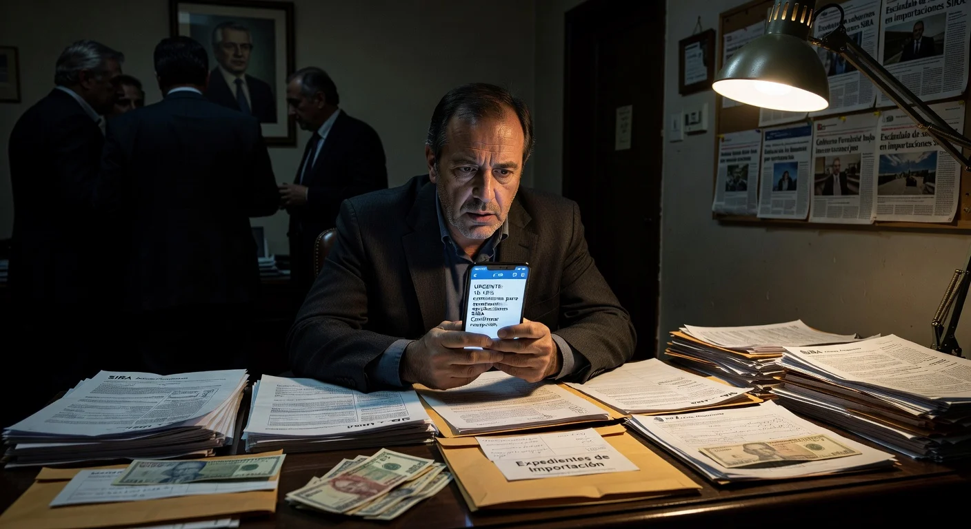 Illustration of Martín Migueles reviewing his phone amid evidence of a SIRA bribe network for import authorizations.