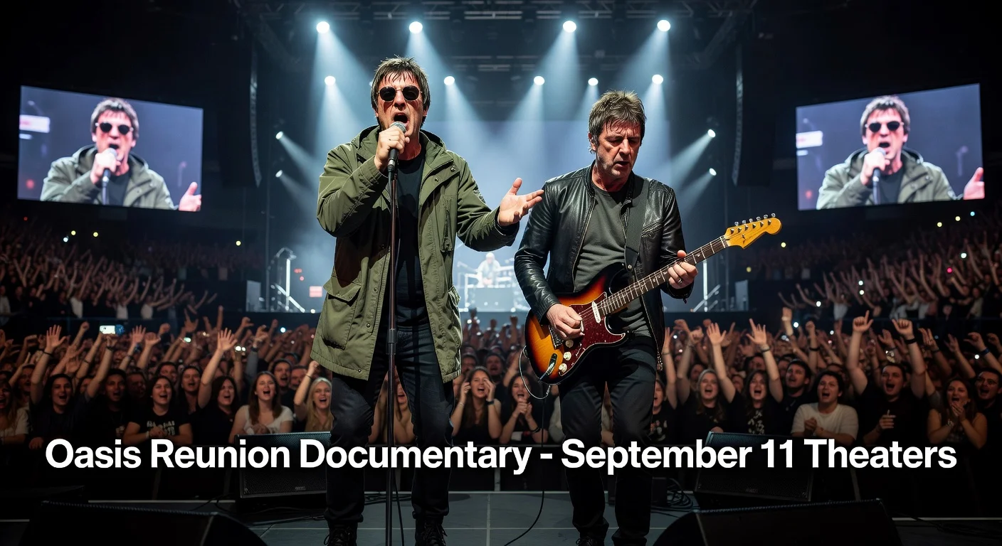 Illustration of Oasis performing live during their reunion tour for the documentary release news.