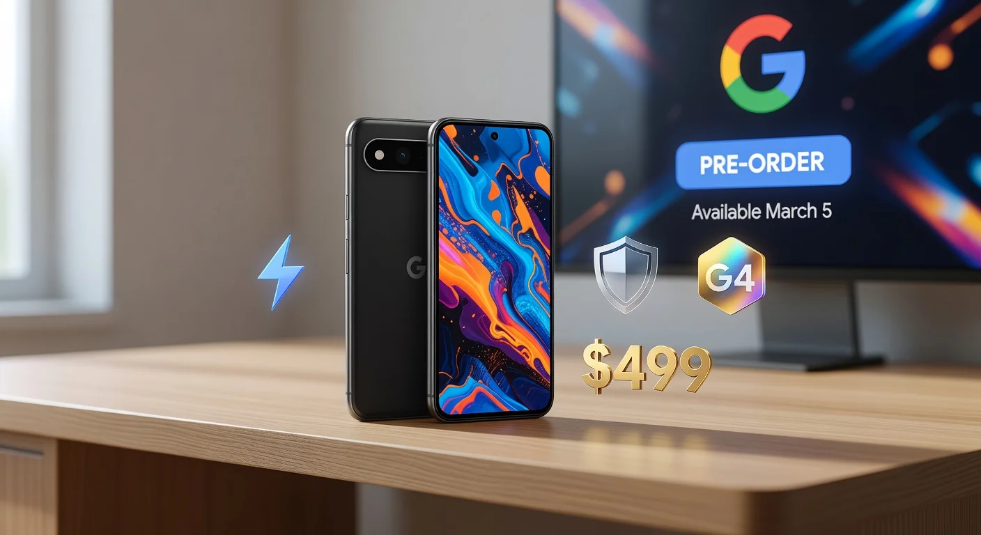 Illustration of the Google Pixel 10A smartphone priced at $499, featuring key upgrades like faster charging and safety features, for a news article.