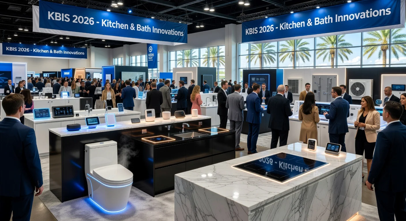 Bustling KBIS 2026 trade show in Orlando showcasing Toto self-cleaning toilet, wireless charging countertops, and hidden induction cooktops amid kitchen and bath innovations.