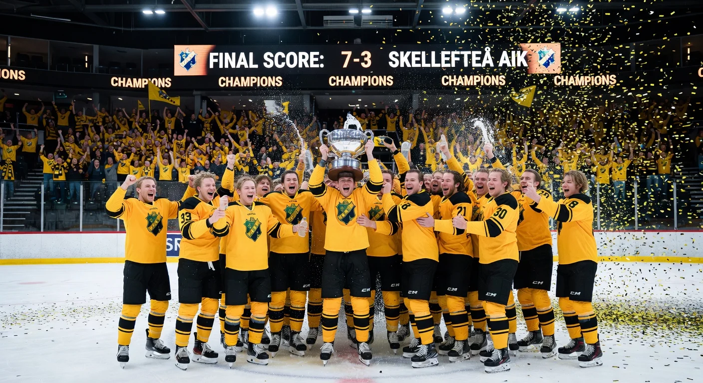 Skellefteå AIK ice hockey team celebrates fifth SM gold after 7-3 comeback win over Rögle, with MVP Oscar Lindberg lifting trophy amid roaring fans.