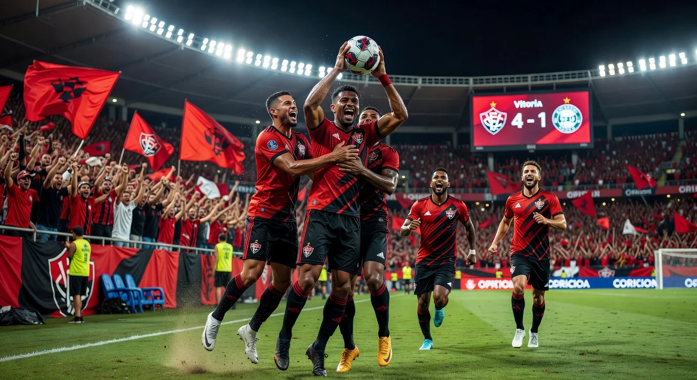 Vitória players celebrate 4-1 win over Coritiba at Barradão stadium in Brasileirão match.