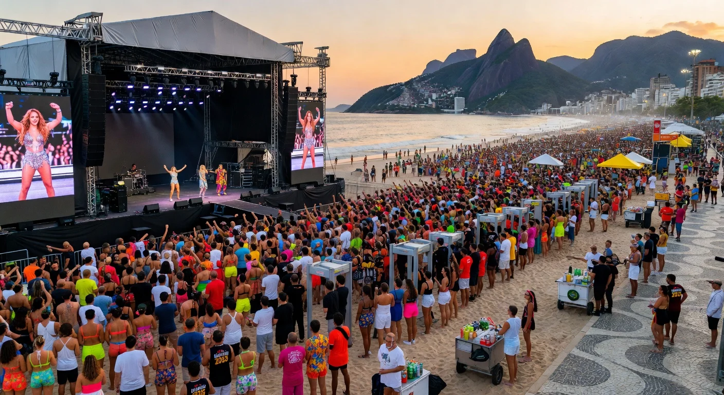 Throngs of fans pack Copacabana Beach for Shakira's upcoming free concert with massive stage setup and security lines.