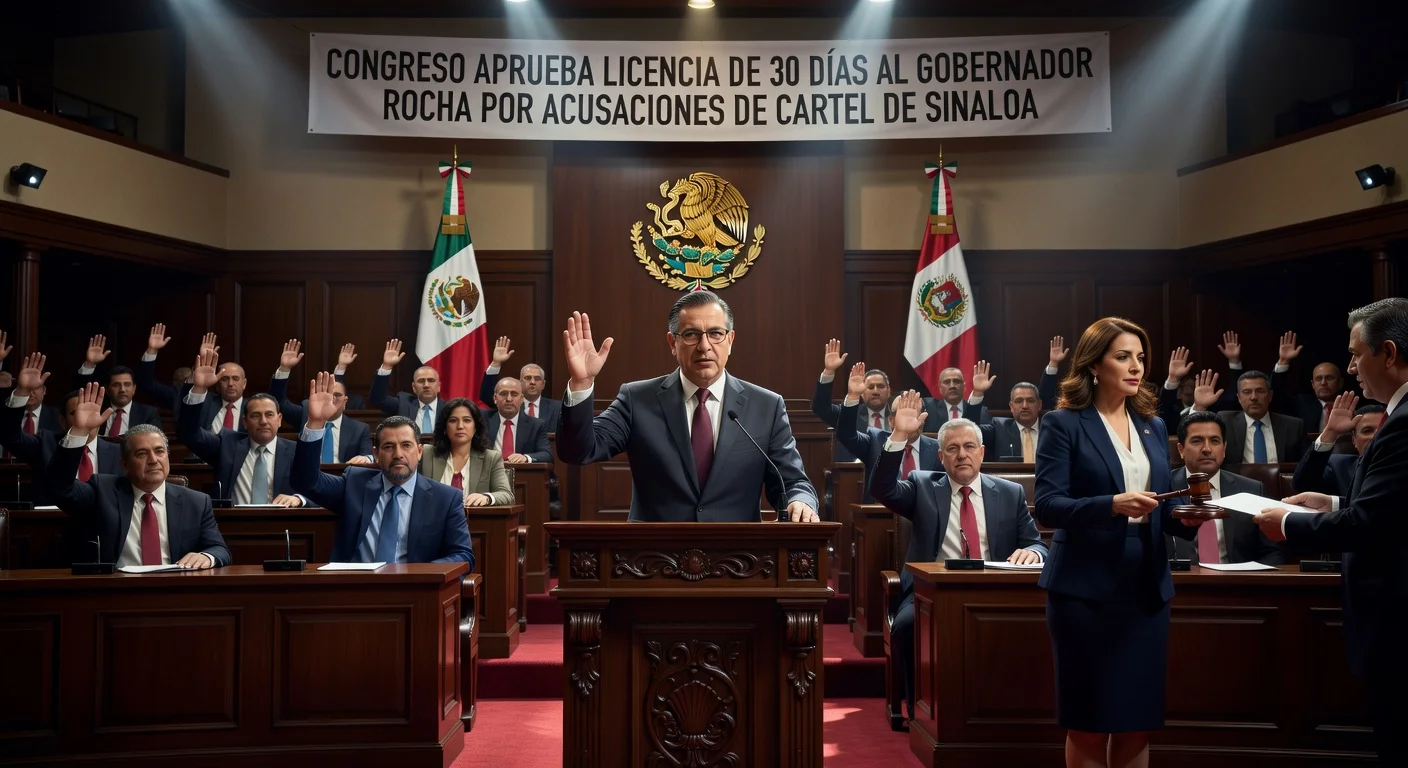 Sinaloa Congress session approving Gov. Rocha Moya's leave amid cartel ties accusations, naming Yeraldine Bonilla interim governor.