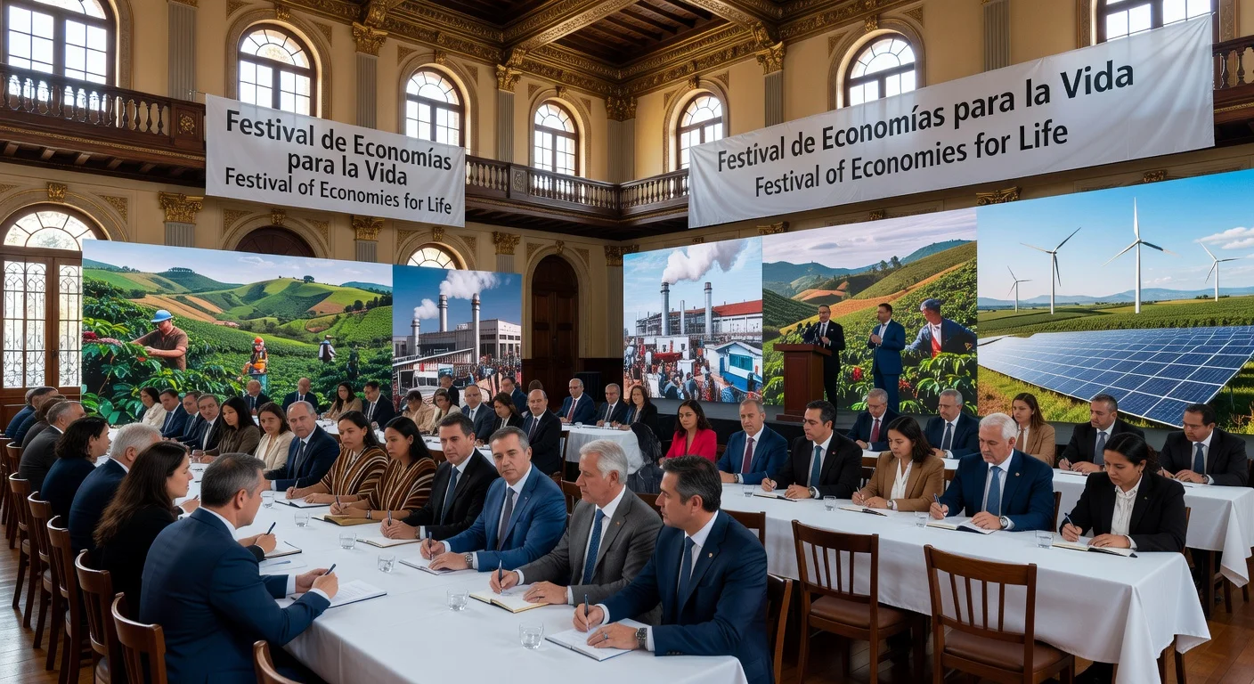 News illustration of economists and officials at the Festival of Economies for Life panel discussion in Bogotá's Palacio de San Carlos.