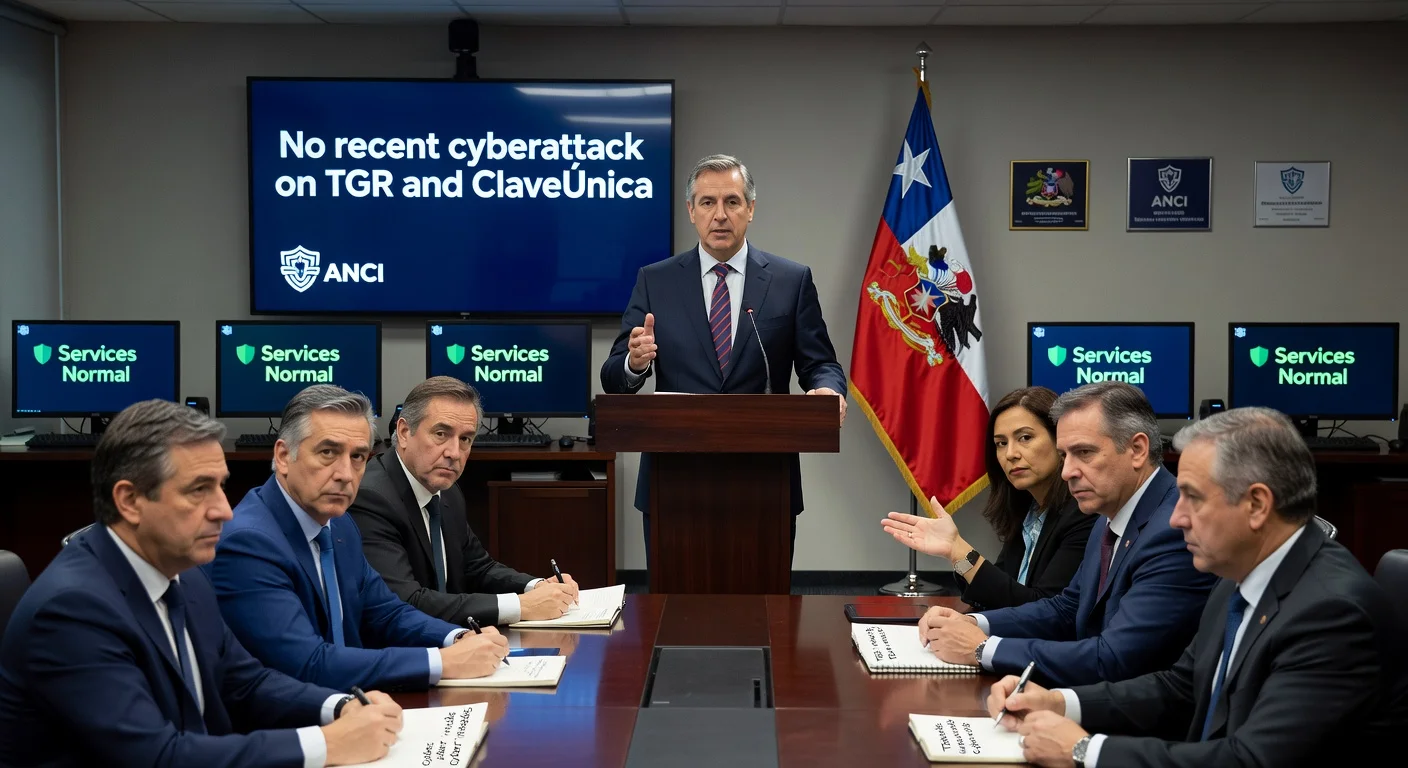 Illustration of ANCI press conference ruling out cyberattack on Chilean treasury, with officials and concerned lawmakers.
