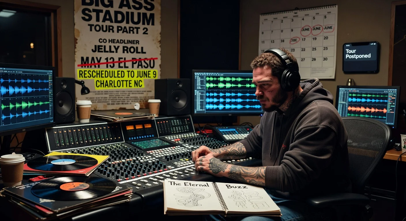 Post Malone working in studio on 'The Eternal Buzz' album, with postponed 'Big Ass Stadium Tour Part 2' poster in background.