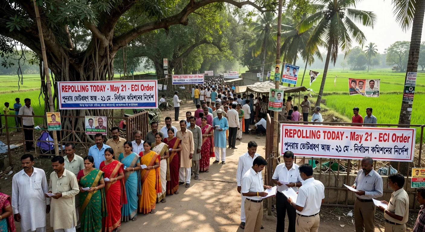 Illustration of repolling queues at Falta polling stations in West Bengal following ECI orders due to electoral malpractices.