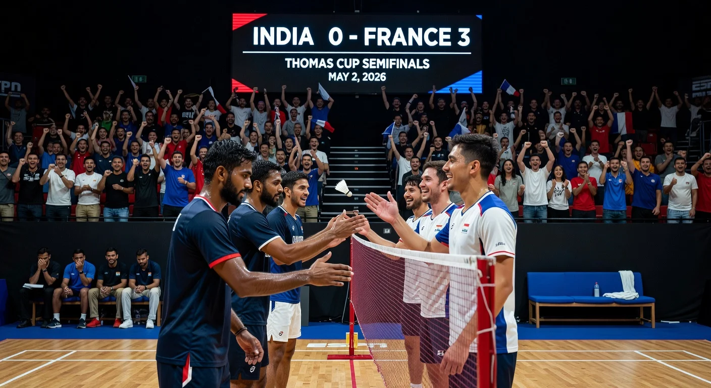 Dejected Indian badminton players shake hands with victorious French team after 0-3 Thomas Cup semifinal loss.