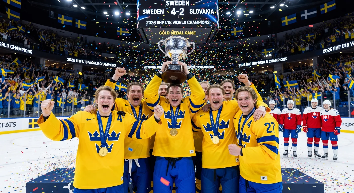 Sweden U18 hockey team lifts championship trophy after 4-2 gold medal final win over Slovakia at 2026 IIHF Worlds.