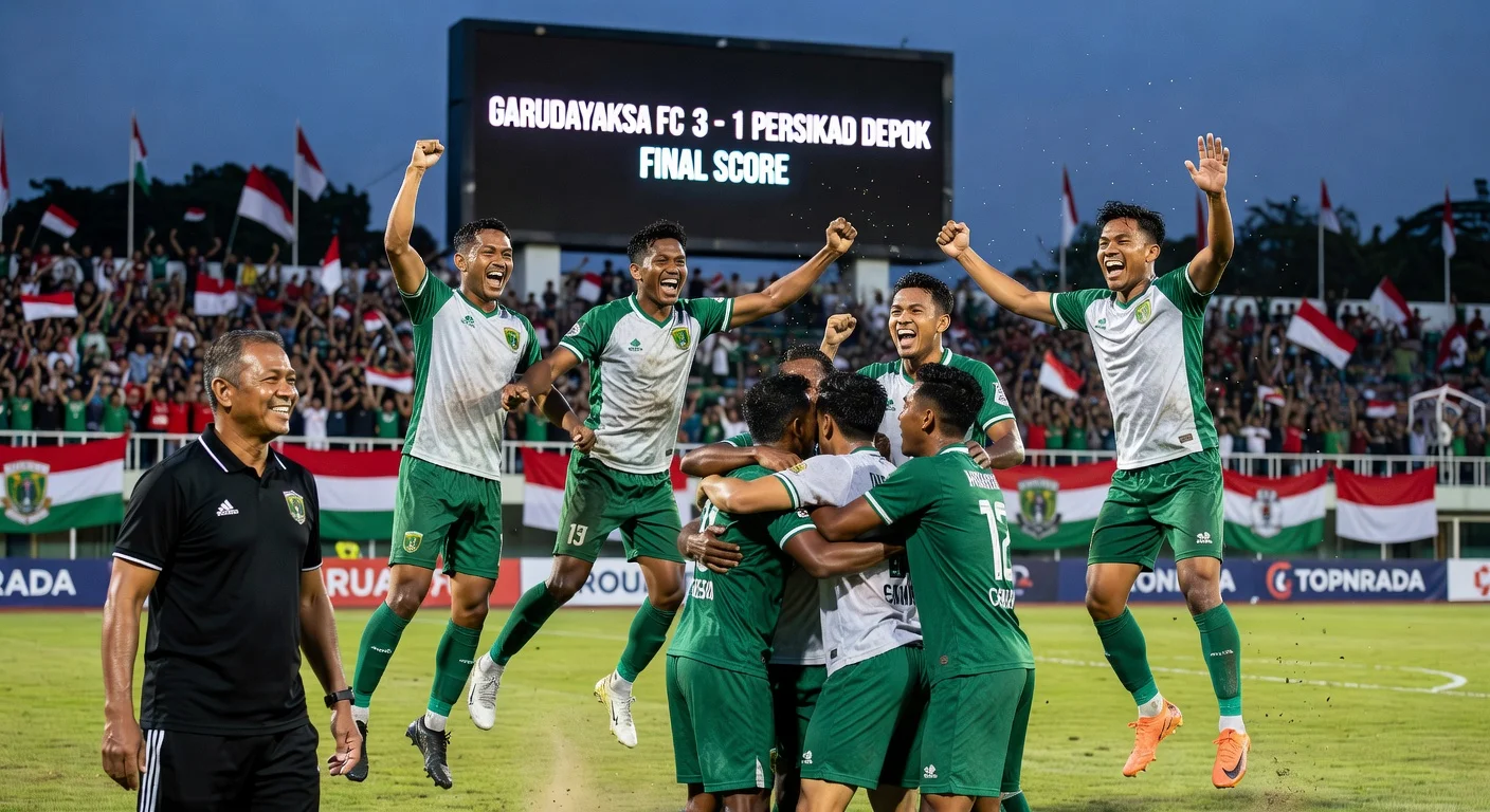 Garudayaksa FC players celebrate 3-1 promotion win over Persikad Depok at Stadion Pakansari.