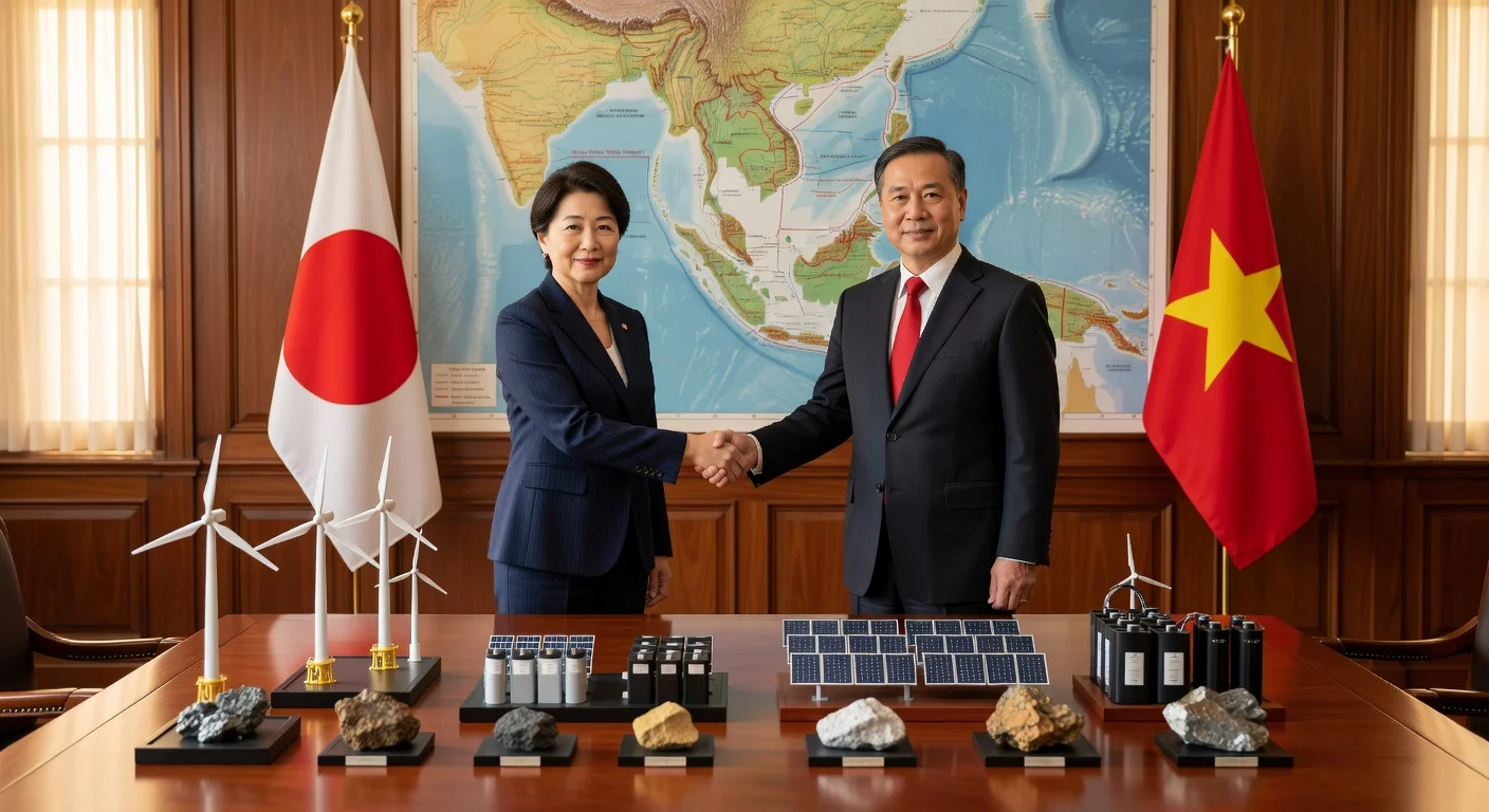 Japanese PM Sanae Takaichi shakes hands with Vietnamese PM Le Minh Hung amid symbols of energy and minerals cooperation.