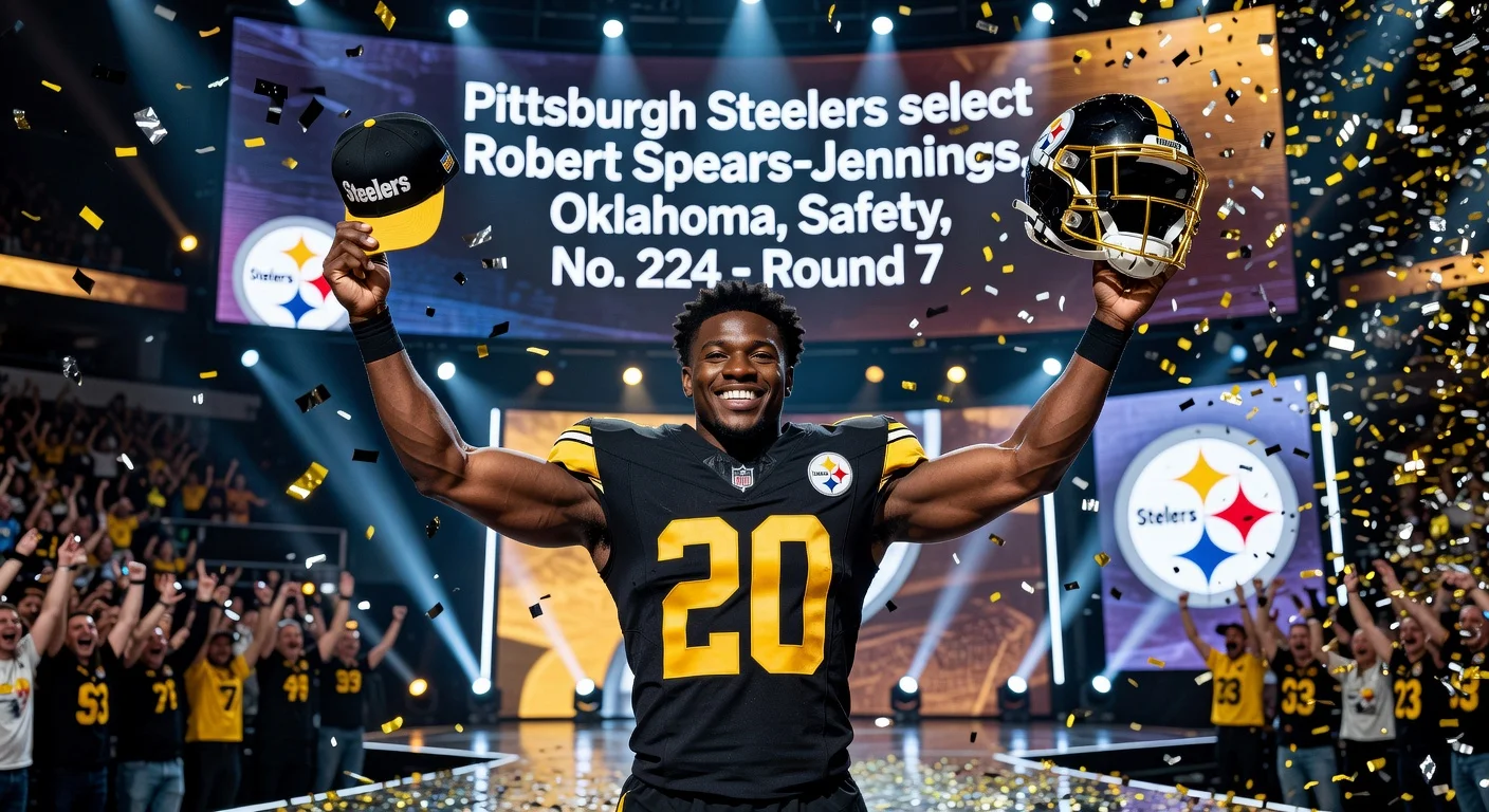 Pittsburgh Steelers' 2026 NFL Draft seventh-round pick Robert Spears-Jennings celebrates on stage.